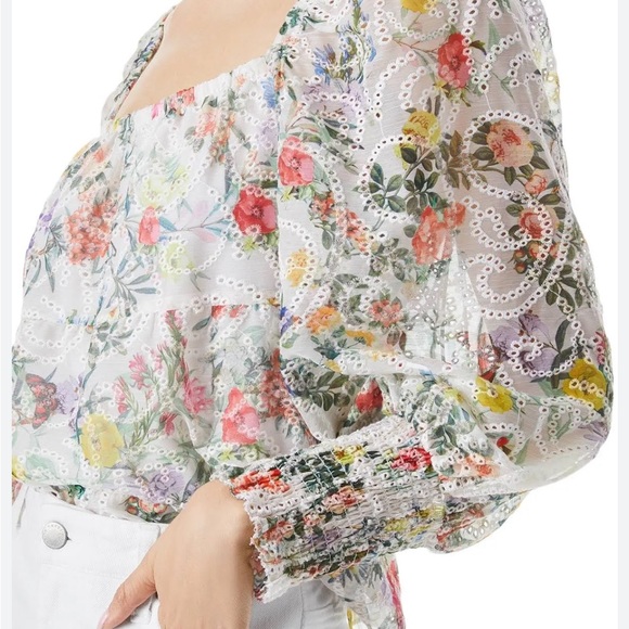 Alice & Olivia Rowa Floral Embroidered Tiered Puff-Sleeve Top Sz LG - Picture 2 of 9